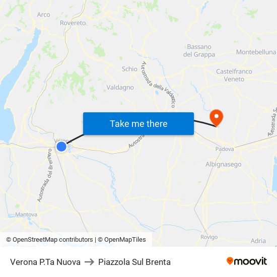 Verona P.Ta Nuova to Piazzola Sul Brenta map