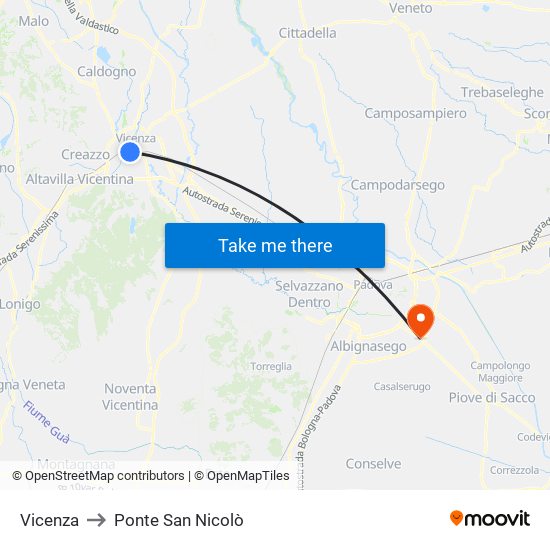 Vicenza to Ponte San Nicolò map