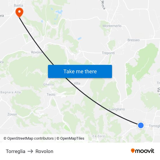 Torreglia to Rovolon map