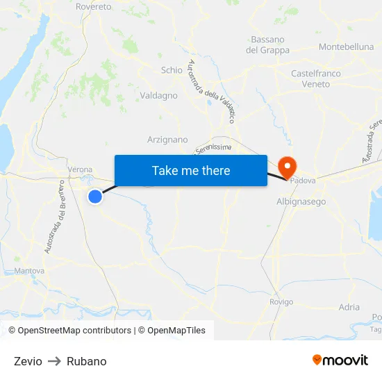 Zevio to Rubano map