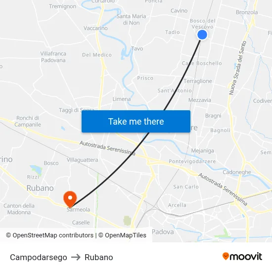 Campodarsego to Rubano map