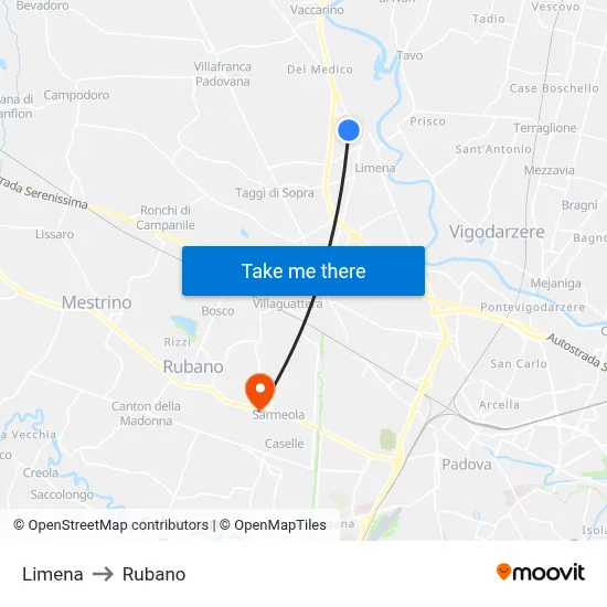 Limena to Rubano map