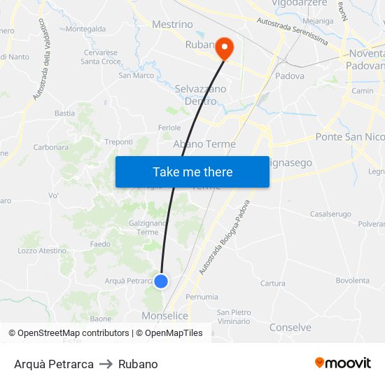 Arquà Petrarca to Rubano map