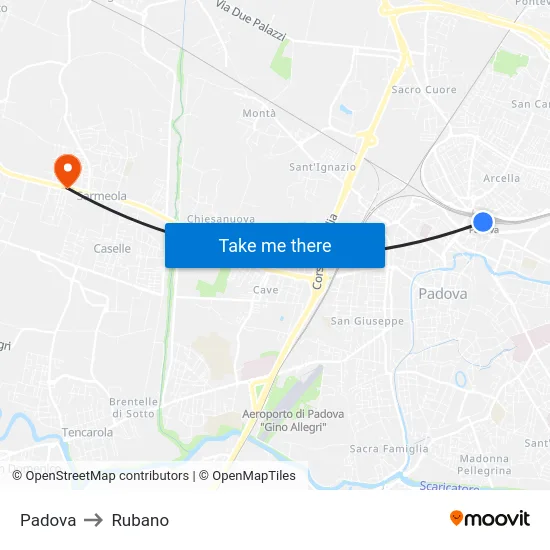 Padua to Rubano map