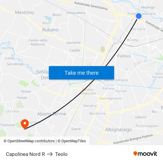 Capolinea Nord R to Teolo map