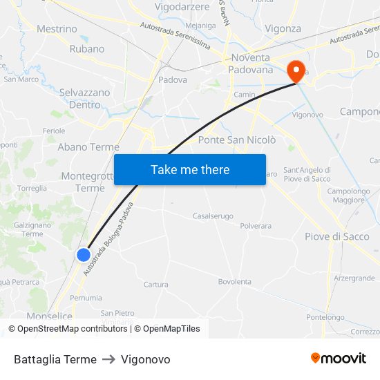 Battaglia Terme to Vigonovo map