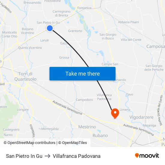 San Pietro In Gu to Villafranca Padovana map