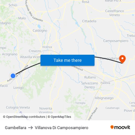 Gambellara to Villanova Di Camposampiero map