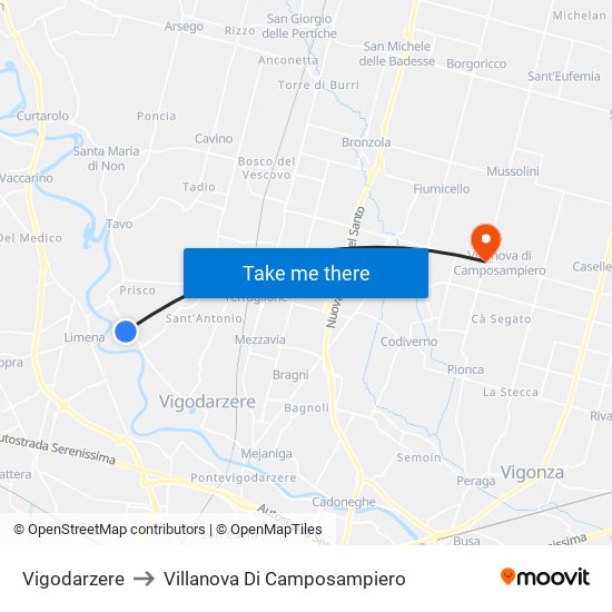 Vigodarzere to Villanova Di Camposampiero map