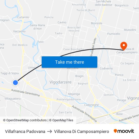 Villafranca Padovana to Villanova Di Camposampiero map