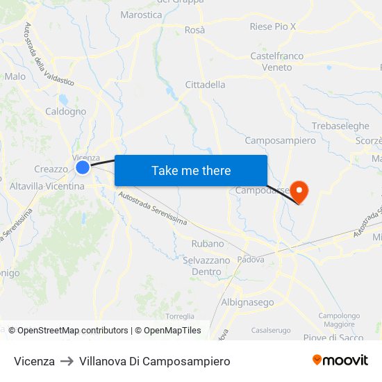 Vicenza to Villanova Di Camposampiero map