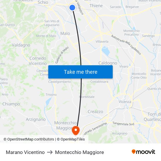 Marano Vicentino to Montecchio Maggiore map