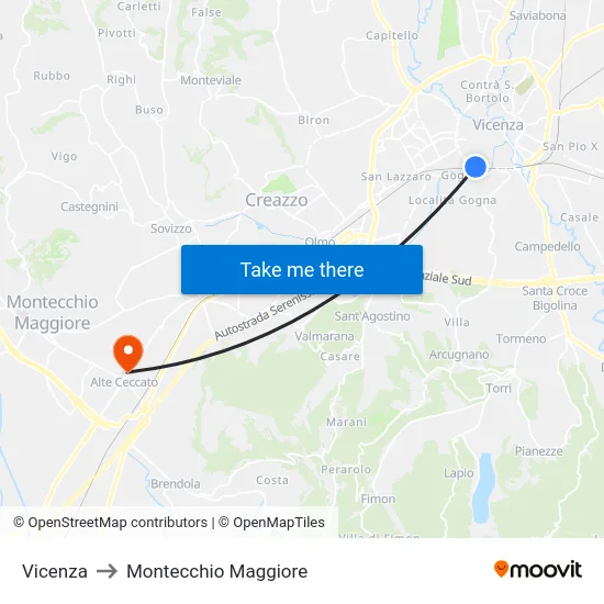 Vicenza to Montecchio Maggiore map