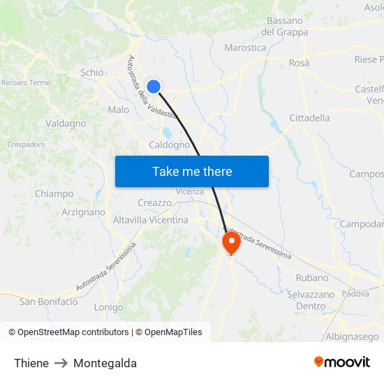 Thiene to Montegalda map