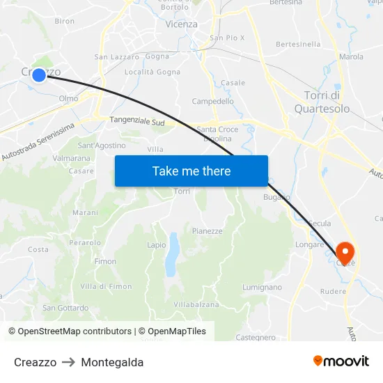 Creazzo to Montegalda map