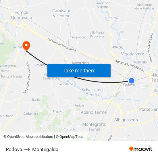 Padova to Montegalda map