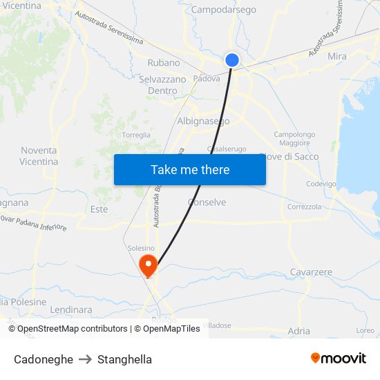 Cadoneghe to Stanghella map