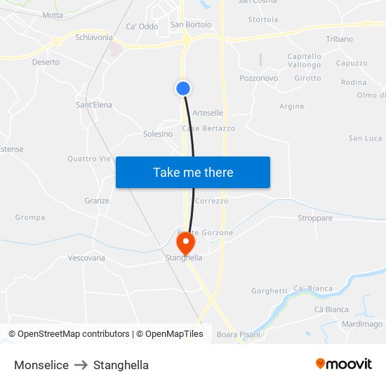 Monselice to Stanghella map