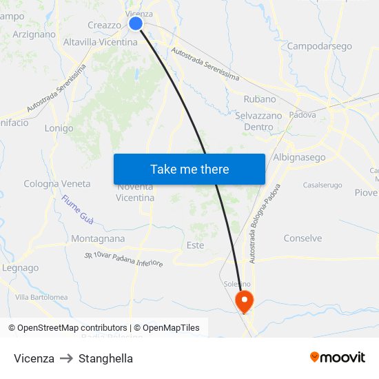 Vicenza to Stanghella map