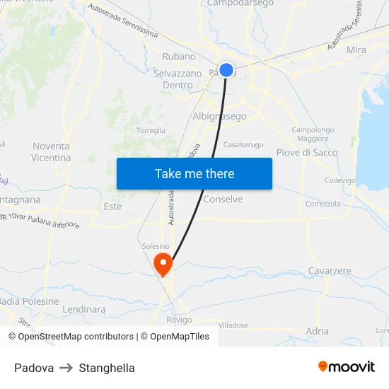 Padova to Stanghella map