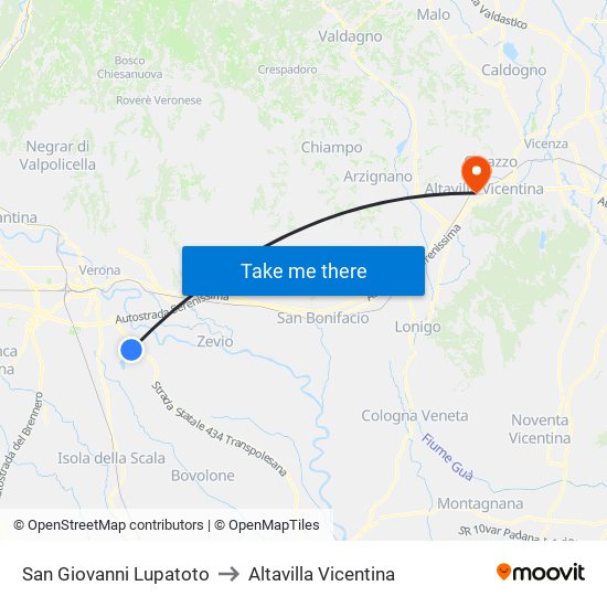 San Giovanni Lupatoto to Altavilla Vicentina map