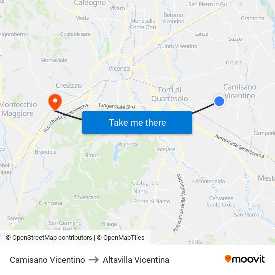 Camisano Vicentino to Altavilla Vicentina map