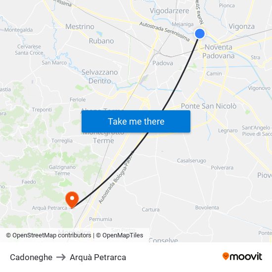 Cadoneghe to Arquà Petrarca map