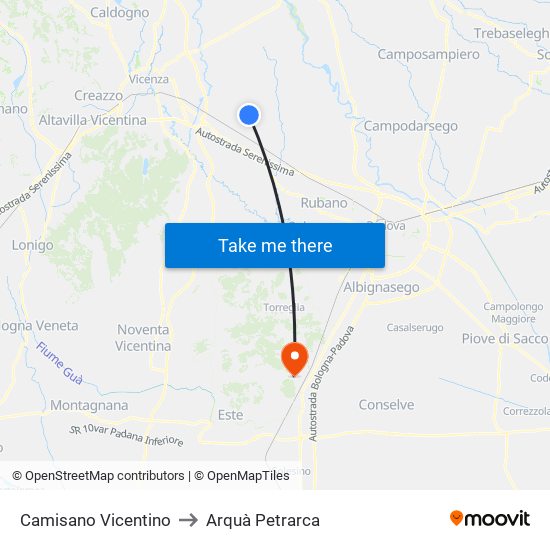 Camisano Vicentino to Arquà Petrarca map
