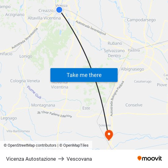 Vicenza Autostazione to Vescovana map