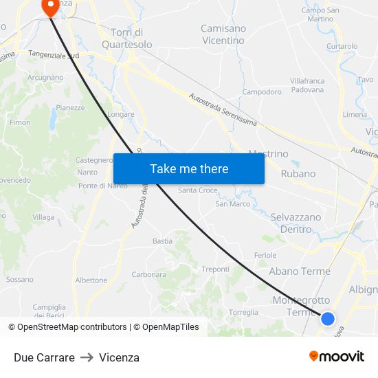 Due Carrare to Vicenza map