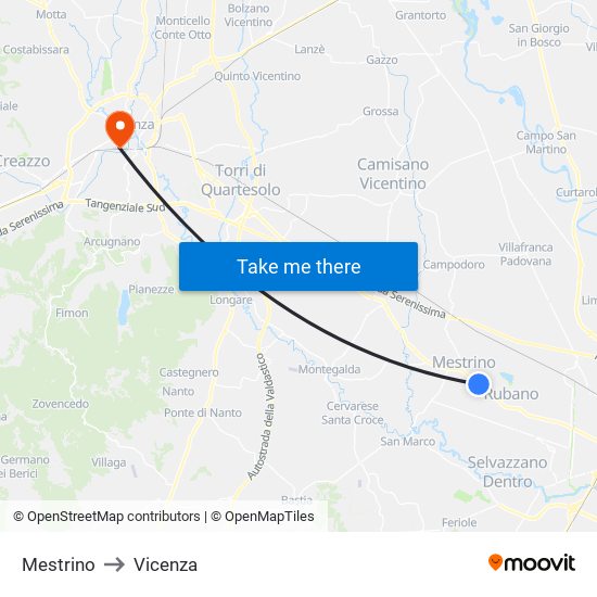 Mestrino to Vicenza map