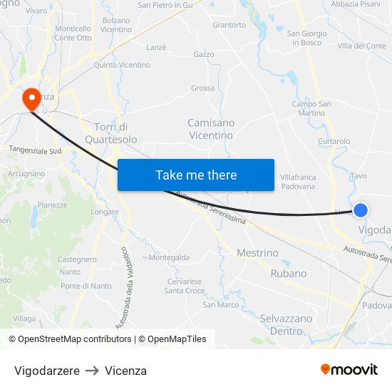 Vigodarzere to Vicenza map