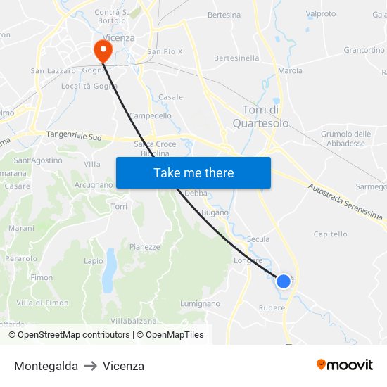 Montegalda to Vicenza map