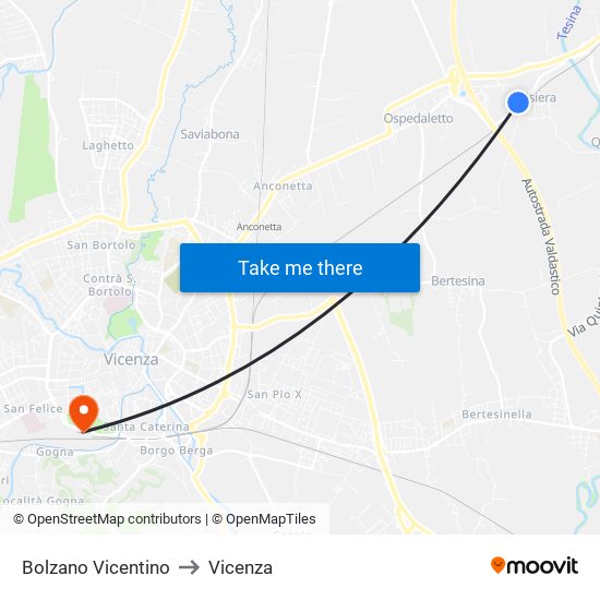 Bolzano Vicentino to Vicenza map