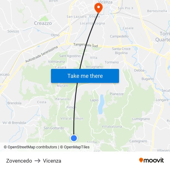 Zovencedo to Vicenza map