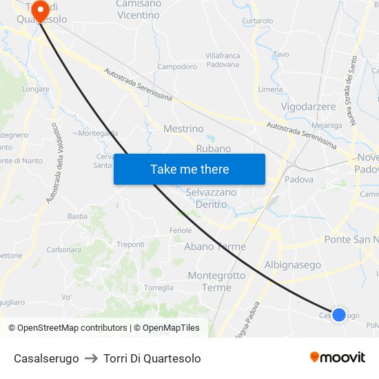 Casalserugo to Torri Di Quartesolo map