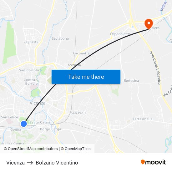 Vicenza to Bolzano Vicentino map