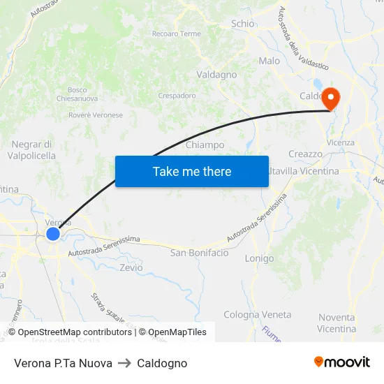 Verona P.Ta Nuova to Caldogno map