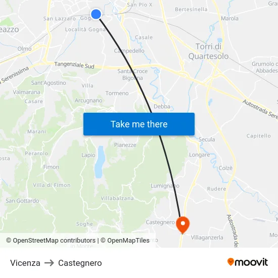 Vicenza to Castegnero map