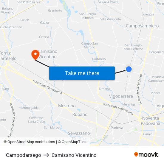 Campodarsego to Camisano Vicentino map