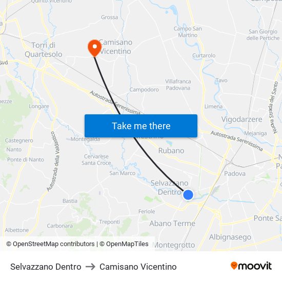 Selvazzano Dentro to Camisano Vicentino map