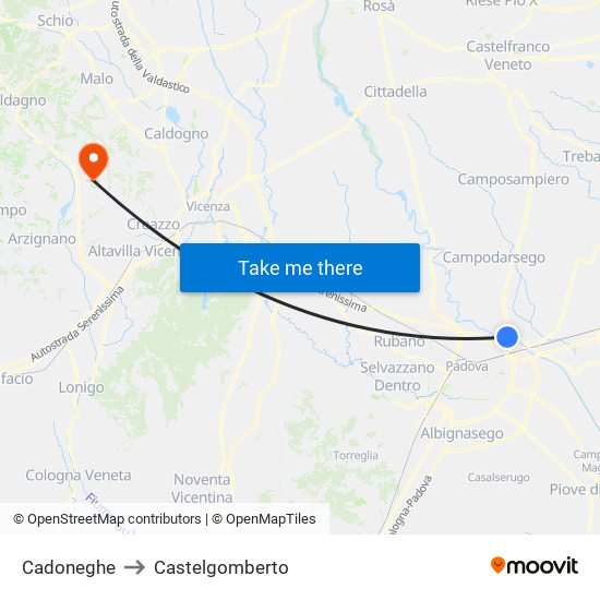 Cadoneghe to Castelgomberto map