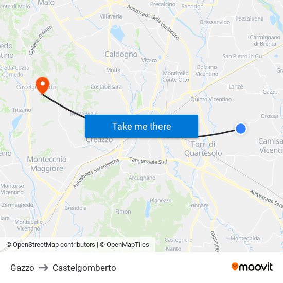 Gazzo to Castelgomberto map
