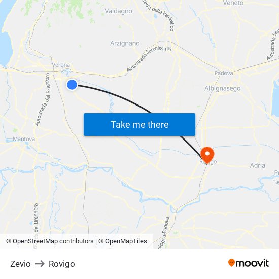 Zevio to Rovigo map