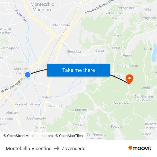 Montebello Vicentino to Zovencedo map