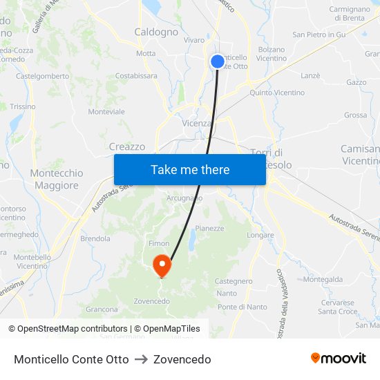 Monticello Conte Otto to Zovencedo map