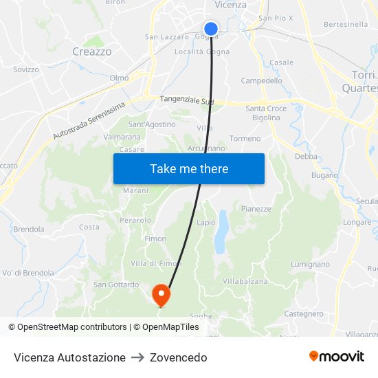Vicenza Autostazione to Zovencedo map