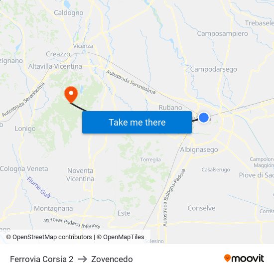 Ferrovia Corsia 2 to Zovencedo map