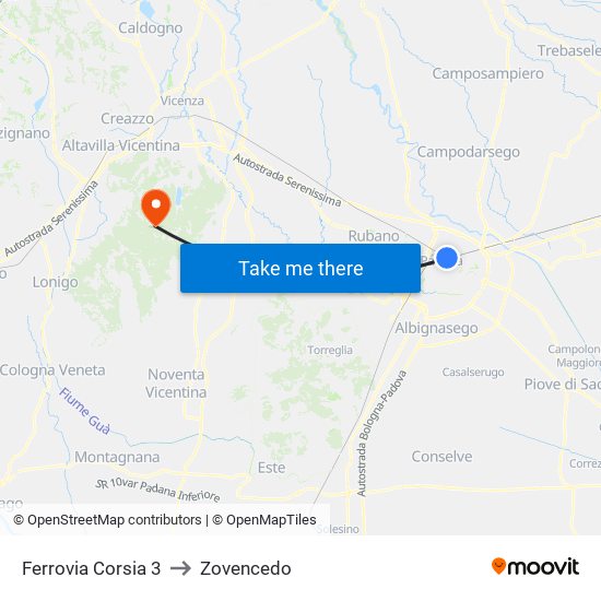 Ferrovia Corsia 3 to Zovencedo map
