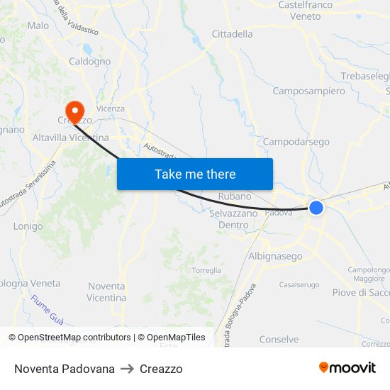 Noventa Padovana to Creazzo map